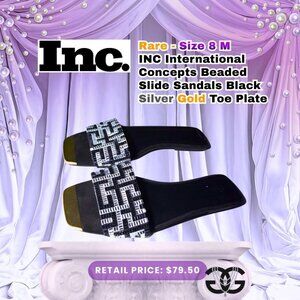 INC - 8M International Concepts Beaded Slide Sandals Black Silver Gold Toe Plate